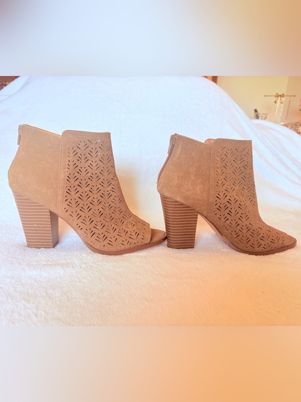 Taupe Perforated Peep-Toe Block Heel Booties